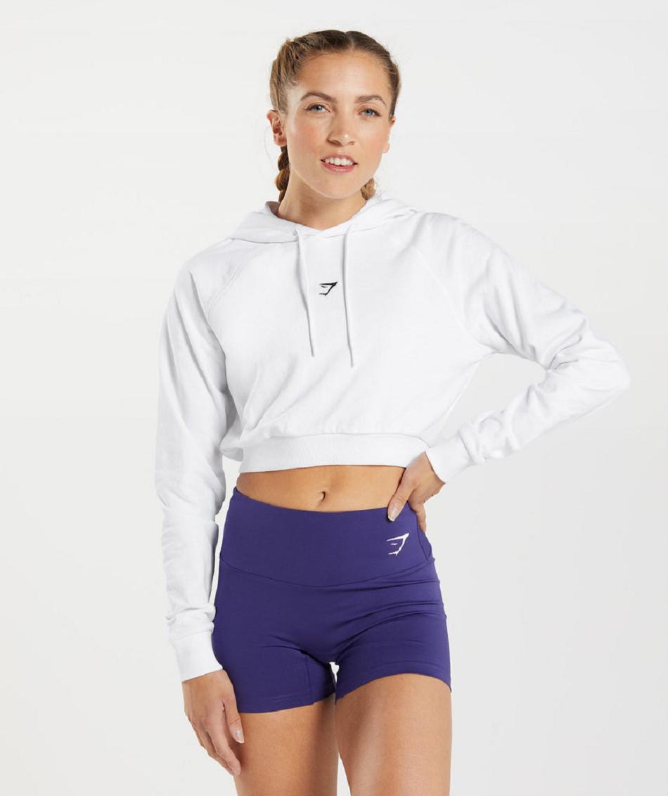 Bluzy Z Kapturem Damskie Gymshark Treningowe Cropped Białe | PL 2747ZUT